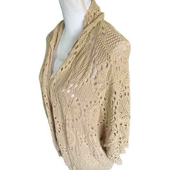 Kensie Women's Size L Beige Open-Knit Cardigan Sweater Open Front Short Sleeves - Picture 2 of 11